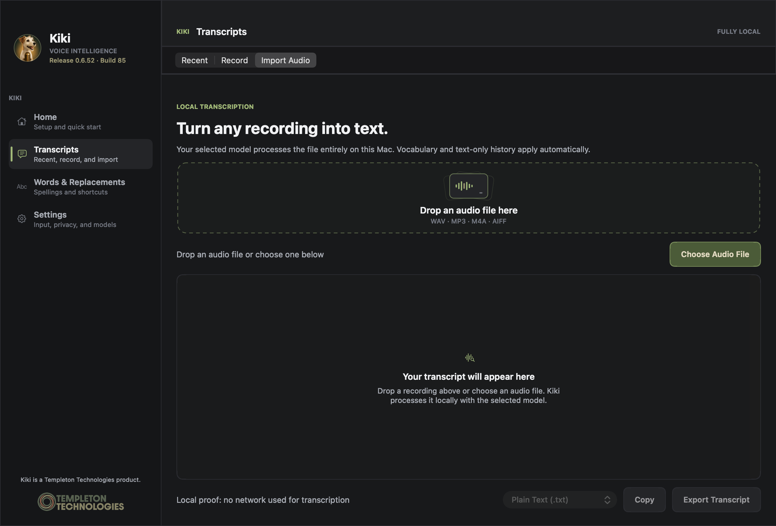 Kiki with four destinations and audio import in Transcripts