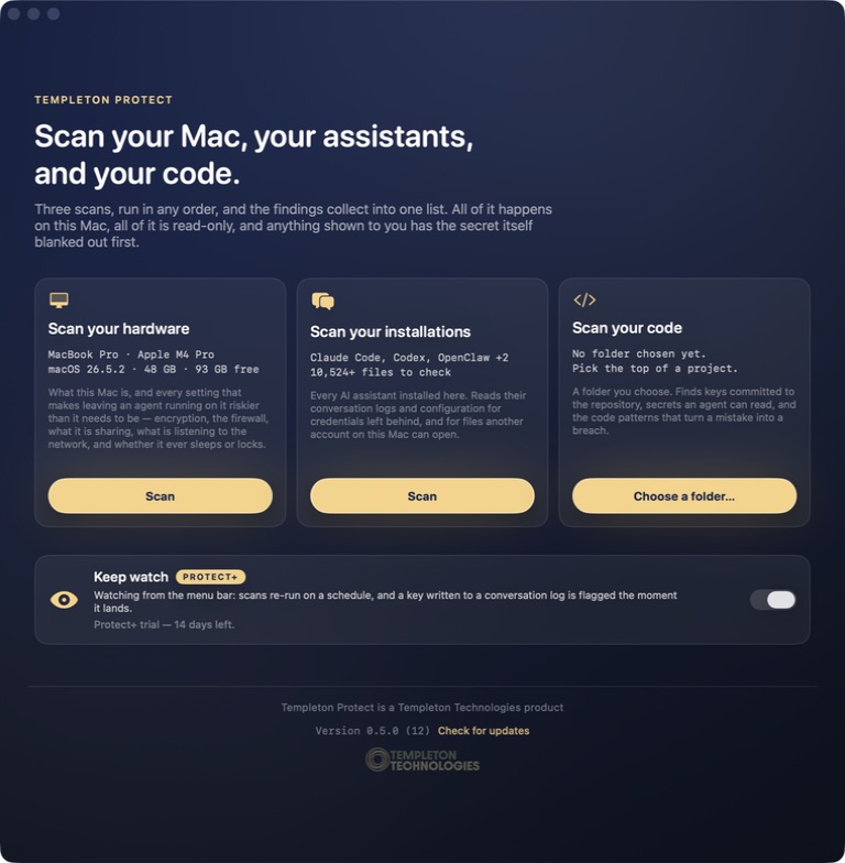 The real Templeton Protect home screen, showing its hardware, assistant installation, and code scan choices.