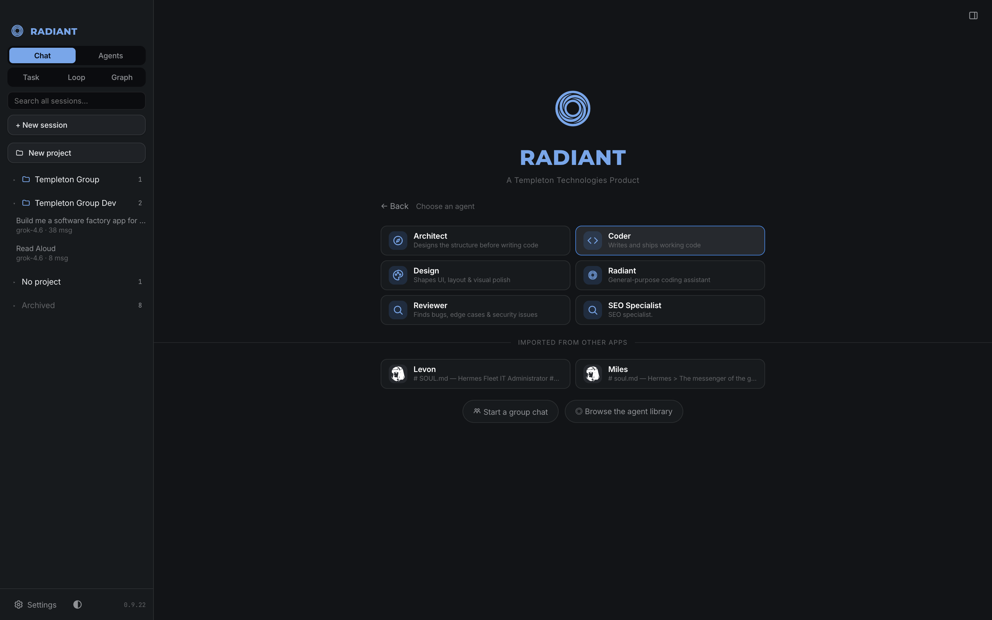 Radiant's agent library: a filterable gallery of 142 ready-made agents across categories like Business, Sales, and Engineering