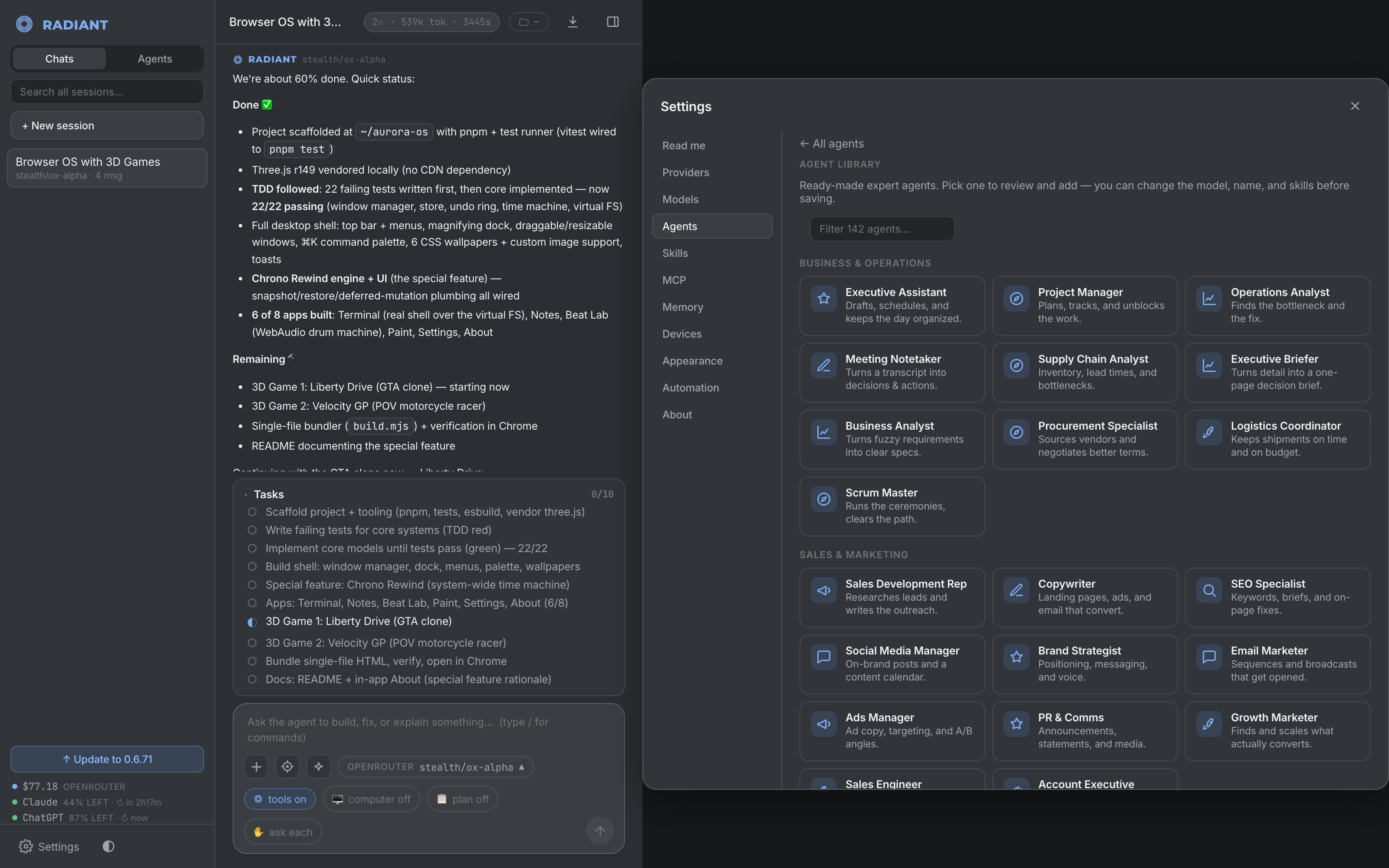 Radiant's agent library: a filterable gallery of 142 ready-made agents across categories like Business, Sales, and Engineering