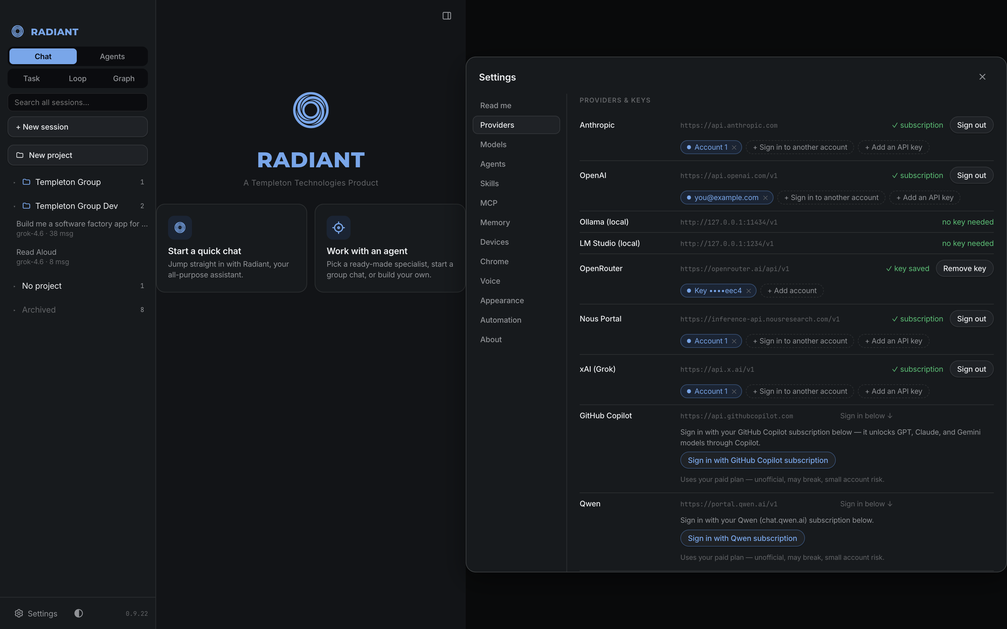 Radiant's Providers settings: subscriptions, API keys, and local models, all managed on your Mac