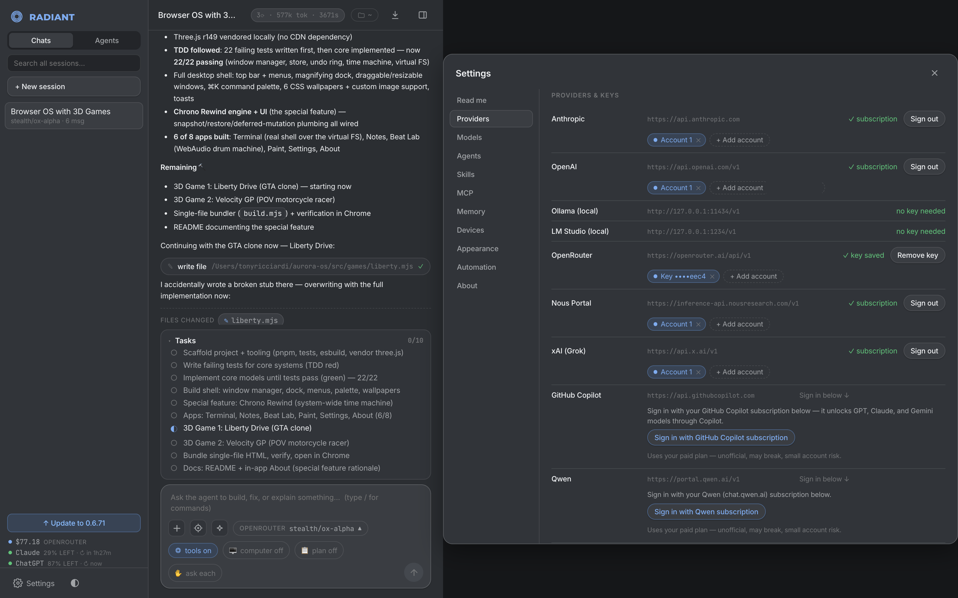 Radiant's Providers settings: subscriptions, API keys, and local models, all managed on your Mac